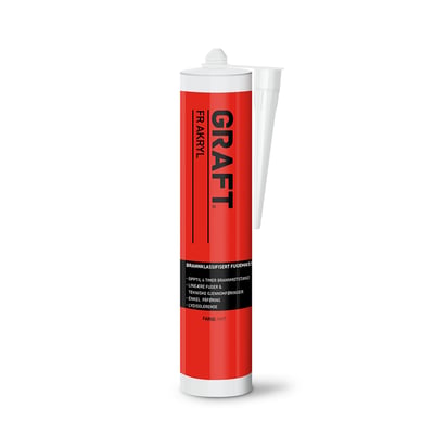 GRAFT® FR akrylfugemasse i hvid, 310 ml, vist i en rød patron med hvid dyse.