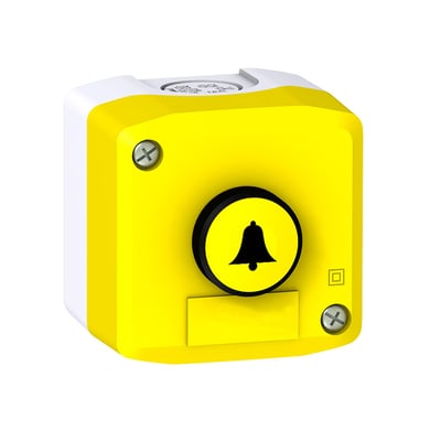 Schneider Electric Harmony XALF trykknapkasse i grå og gul med planforsænket gul trykknap mærket med en sort klokke og hvid baggrund.