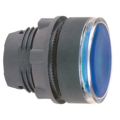 Tættere på Schneider Electric lampetrykshoved i blå, plan design med 22mm diameter og integreret LED.