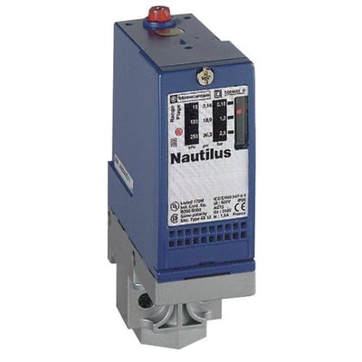 Schneider Electric pressostat XMLA300D2S11 med blåt hus, rødt justeringshjul og tydeligt display, der viser trykindstillinger.