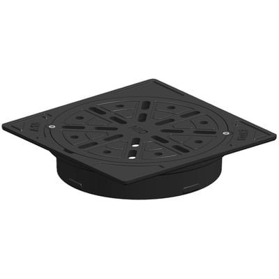 NID firkantet karm/rist i sort komposit med rund rist, set skråt ovenfra; fast model på 315 mm med skruer.