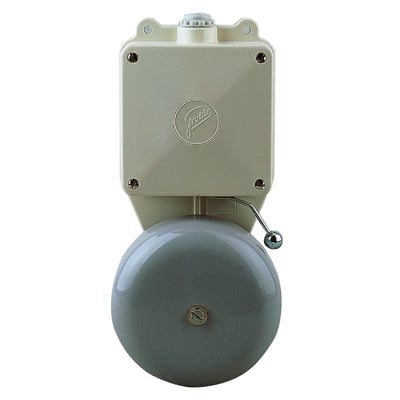 Urmet industriklokke fra Grothe til udendørs brug med 24V AC forsyning og grå klokkeskærm.