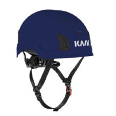 Blå Kask Zenith X Max-hjelm med afrundet skal, justerbar hagestrop og sort Kask-logo.