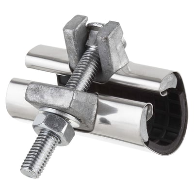 Ibeco reparationsklemme i rustfrit stål, passer til 21-25 mm rør, vist med NBR-pakning og bolt.