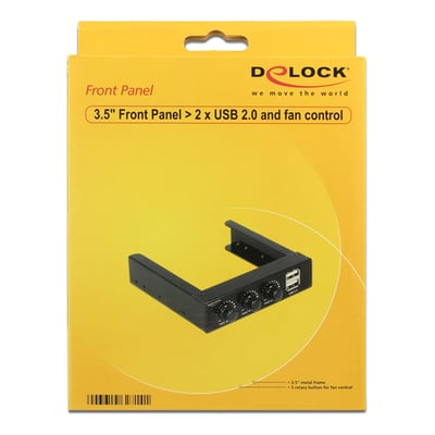 Emballage til DeLock 3.5" frontpanel med USB og blæserkontrol, vist på en gul baggrund med produktillustration.