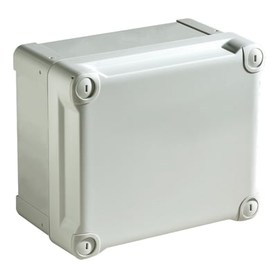 Schneider Electric Thalassa TBS ABS-kasse 116x74x94 mm med gråt låg, vist fra et vinklet frontperspektiv på hvid baggrund.