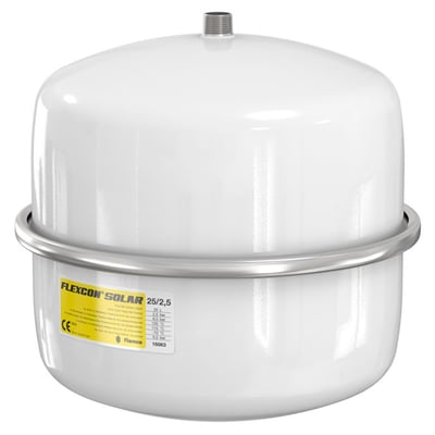 Flamco Flexcon Solar ekspansionsbeholder på 25 liter i hvid stål med tydelig mærkat, der angiver tekniske specifikationer.
