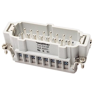 Procon B-hanstikindsats med 16 poler, 16 A og 500 V, set skråt ovenfra med synlige kontaktstifter og skrueklemmer.