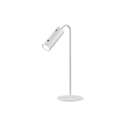 Hvid, opladelig 3-i-1 LED-lampe med cylindrisk lampehoved, buet arm og rund fod, set forfra.