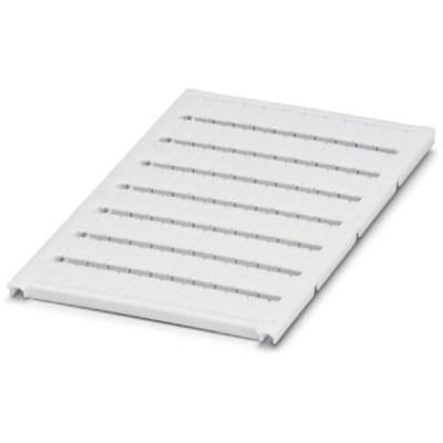 Nærbillede af et ark med Phoenix Contact UC1-TM 6 mærkeskilte, der viser riller til 6mm klemmer.