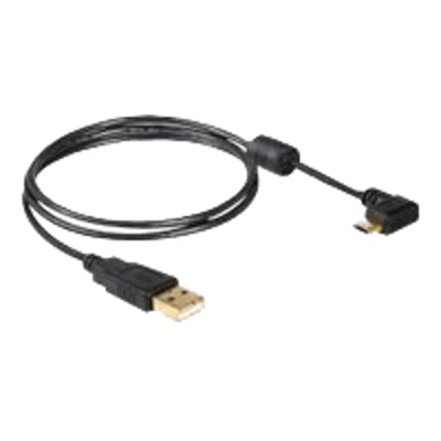 DeLock USB 2.0 kabel på 1 meter med et vinklet 90° USB micro-B han stik og et USB-A han stik i sort.