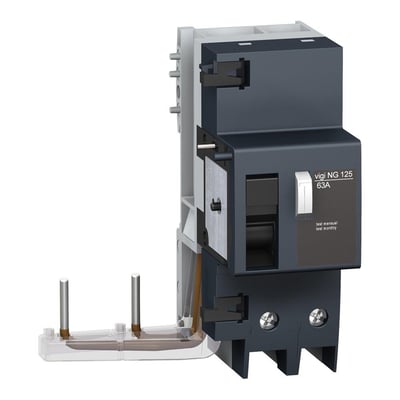 Schneider Electric PFI modul NG125, 2P, 63A med 300mA følsomhed vist fra siden.