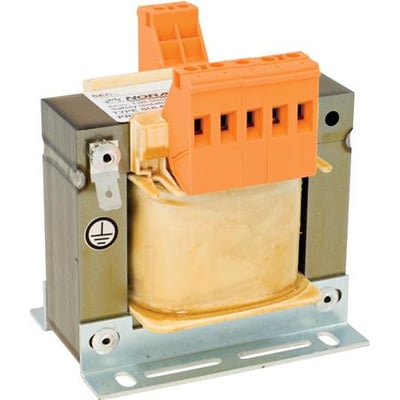 Noratel sikkerhedstransformer SUL84B-500024 med adskilte viklinger og orange terminalblokke, monteret på beslag.