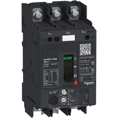 Schneider Electric TeSys GV4PE motorværn, termomagnetisk, 12.5A, 50kA, med kabelsko og grøn ON/OFF kontakt monteret på DIN-skinne.