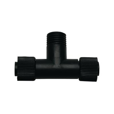 Chrissline T-kobling til 230V lyskædesystem, fremstillet i sort plast med tre tilslutningspunkter.