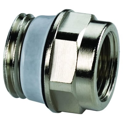 Forkromet Nippelmuffe med teflonring, 1/2" til 3/8" gevind, ideel til radiatorsystemer.