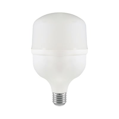 V-TAC T100 LED pære i hvid plastik med E27 fatning, isoleret på hvid baggrund.