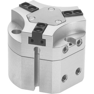 Festo trepunktgriber HGDT-25-A-G1 i aluminium med sorte gribeklærmonteringselementer og synlige skruehuller.