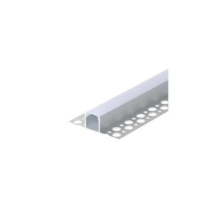 Aluprofil til klinker og fliser i aluminium med mælkehvidt cover, set skråt med perforeret monteringsflange.