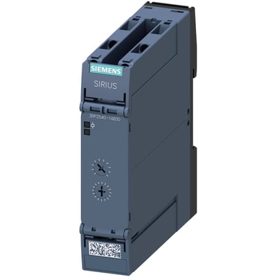 Siemens SIRIUS 3RP25 tidsrelæ med OFF-forsinkelse, 24V AC/DC, og 1 CO kontakt, vist fra siden.