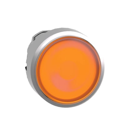 Detaljeret billede af Schneider Electric lampetrykhoved, viser den runde, orange lysende front og metalringen, Ø22 mm.