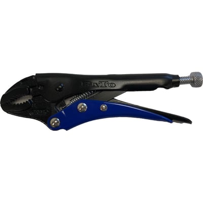 CJ svejsetang på 5 tommer (125 mm) med sorte håndtag og blå grebsdetaljer, viser dens låsemekanisme og savtakkede kæber.