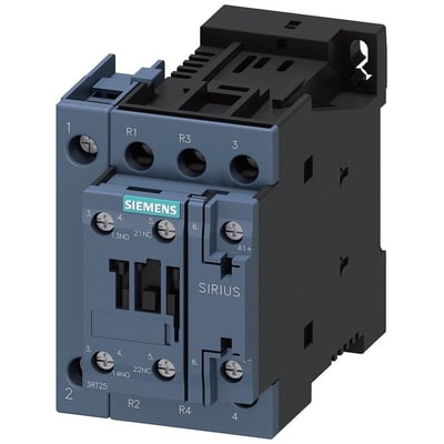 Siemens SIRIUS 3RT25 4-polet kontaktor med 2NO/2NC hovedkontakter og 1NO/1NC hjælpekontakter, 25A, 11kW. Den har skrueklemmer og er produceret i grå og sort plast.