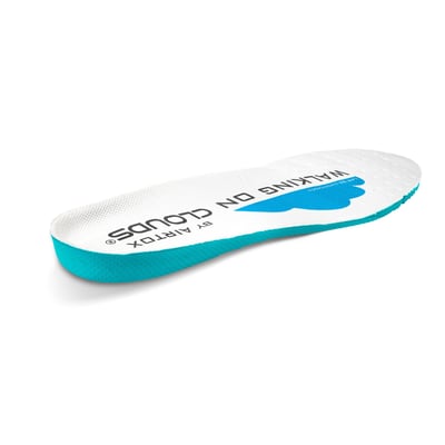 Oversiden af en Airtox Walking On Clouds indlægssål med sort tekst 'BY AIRTOX' og blå sky.