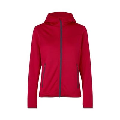 ID Identity dame cardigan i rød, størrelse S, med hætte, YKK lynlås og grå detaljer på hvid baggrund.