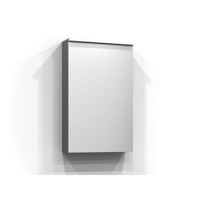 Svedbergs Bloc gråt spejlskab med LED-belysning og to hylder, set let fra siden med spejllåge og lysliste øverst.