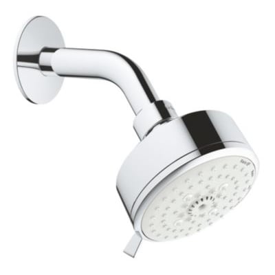 Grohe New Tempesta Cosmopolitan 100 hovedbruser i krom finish, vist fra siden med fokus på det runde 100 mm brusehoved og den buede bruserarm.