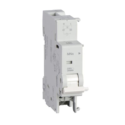 Schneider Electric underspændingsspole M9 MNx til 400VAC, hvid plast med mærkningsdetaljer og en vippekontakt foran.