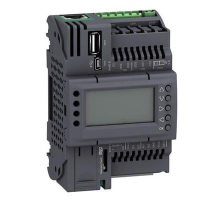 Schneider Electric Kontroller Performance Display med 7 I/Os, Ethernet og Modbus, med tydeligt display, USB-port og tilslutningsklemmer.