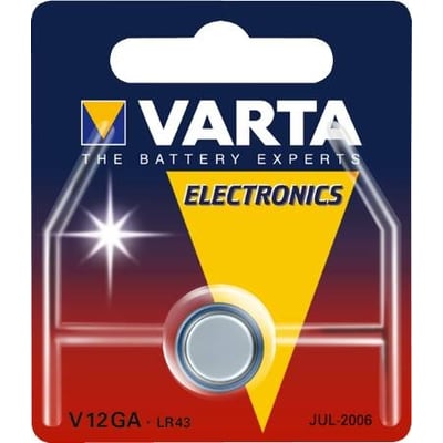 Varta V12GA/LR43 alkaline-knapcellebatteri på 1,5 V ses på sin røde og blå emballage.