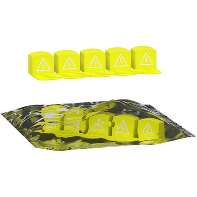 Topvisning af gule Schneider Electric Acti 9 PIN-afdækninger med advarselssymboler, pakket i en pose.