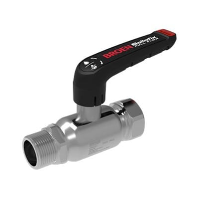 Broen Fullflow kuglehane DN50 i rustfrit stål med sort langt greb og PTFE liner, vist på hvid baggrund.