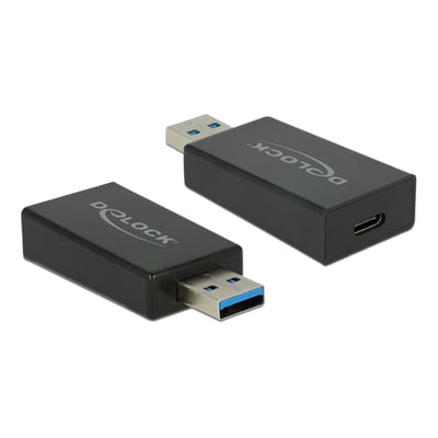 Delock USB 3.1 Gen 2 adapter med sort design, der konverterer USB-A han til USB-C hun med 10 Gbps hastighed.