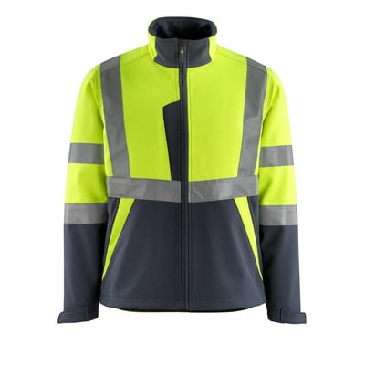 Mascot softshelljakke model 15902-253 i hi-vis gul og mørk marine, str. S, med reflekser og lynlås.