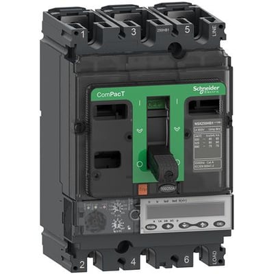 Schneider Electric ComPacT NSX100HB1, en 3-polet maksimalafbryder med 100A mærkestrøm og MicroLogic 6.2 E-relæ.