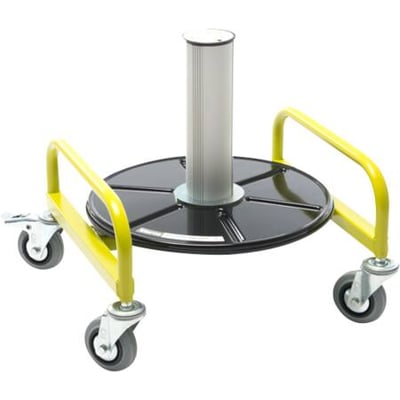 Afruller for ringe Vario Slim med sort plade, gul ramme og fire hjul, inklusive et låsbart hjulsæt.