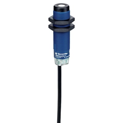 Schneider Electric ultralydsensor M18 med NPN NO udgang, 2 m kabel og 50 cm detekteringsafstand. Sensoren har en blå ribbed krop med sorte monteringsmøtrikker.