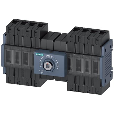 Siemens SENTRON 3KC overførselskontakt, manuelt betjent MTSE, størrelse 1, 4-polet, 63A, 415V, vist frontalt med mærket og betjeningsskiven.