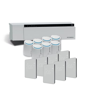 Komplet Pettinaroli Alpha Premium trådløst gulvvarmesystem pakke med 10-kreds styreboks, 7 rumtermostater og 7 telestater arrangeret på hvid baggrund.