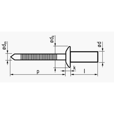 Tegning af MFX blindnitte 3,2x8 mm i rustfri/rustfri A2 med rundhoved og mål.