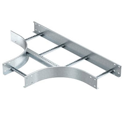 Detalje af OBO Bettermann T-stykke til kabelstige, viser 110mm sidehøjde og svejset sprosse i varmgalvaniseret stål.