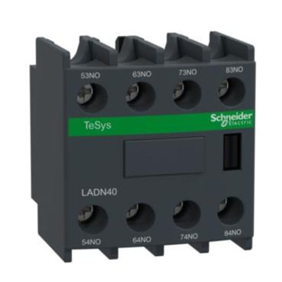 Schneider Electric hjælpeblok LADN40 med 4 slutte kontakter (4NO), sort design med grøn stribe og TeSys logo.