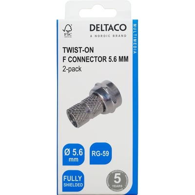 Emballagen til Deltaco F-stik twist-on til RG-59-kabel viser stikket forfra og angiver diameteren 5,6 mm.