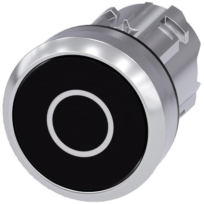 Siemens 22mm rund trykknap i sort metal med ring-formet mærke, robust design til industrielt brug.