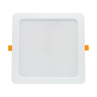 SpectrumLED 24 W LED-indbygningspanel i hvid med kvadratisk front og orange monteringsclips, set forfra.