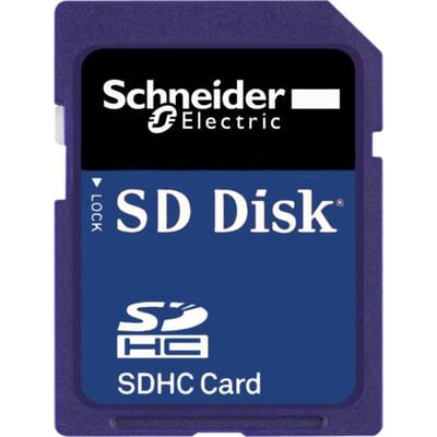Schneider Electric 256 MB SDHC hukommelseskort til M2XX PLC'er med tydeligt logo og SD Disk mærke.